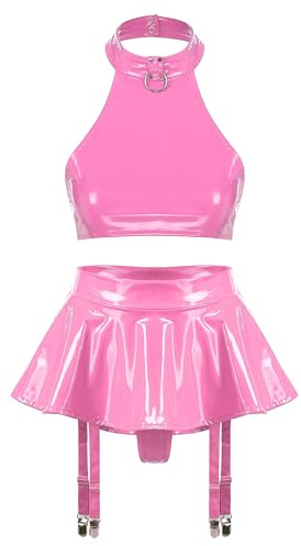 IEFIEL Femme Sexy Érotique Mini-Jupe + Soutien-Gorge Cuir Dentelle sous Vetement Ouvert Babydoll Saint Valentin Lingerie de Nuit Cosplay Grande Taille S-5XL