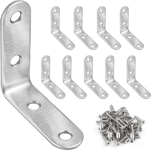 JatilEr 10 soportes angulares, 50 x 50 mm, esquina derecha de 90 grados, soporte de esquina de acero inoxidable con 40 tornillos, soportes pequeños en forma de L para fijación de muebles de madera