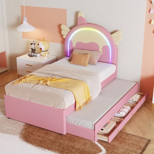Kinderbett 90x200 Polsterbett mit LED, Einzelbett Bettgestell mit Lattenrost und Cartoon Kopfteil, Stauraumbett Boxspringbett mit 3 Schubladen für Kinderzimmer, PU, Rosa