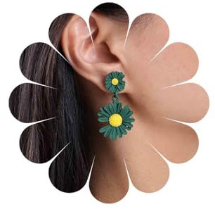 Inateannal Boucles d'oreilles pendantes en forme de marguerite verte Boucles d'oreilles à tige en forme marguerite Tournesol Boucles d'oreilles pendantes florales mates Bijoux pour femmes et filles