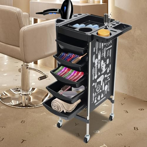 Friseurwagen Arbeitswagen Friseurassistant Rollwagen Arbeitswagen mit 5 Schubladen Salon Trolley, Friseurwagen Rollwagen Arbeitswagen Kosmetikwagen für Beauty Salon (schwarz)