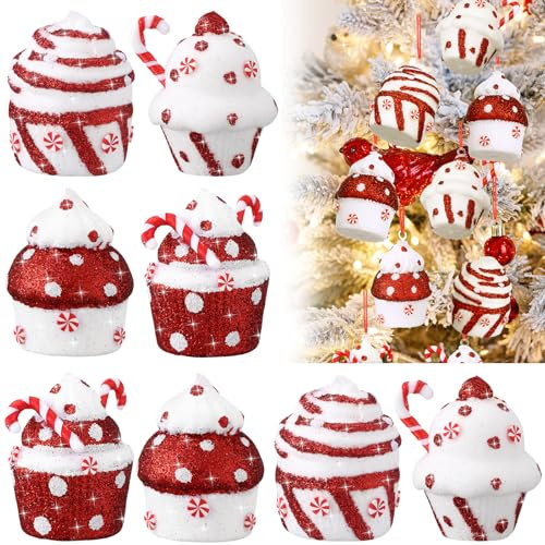Vercraft 8 Pcs Christmas 3D Cupcake Ornaments for Christmas Tree Hanging Candy Cane Cupcake Ornaments Lollipop Dessert Ornaments for Christmas Party Tree Pendant Decorations