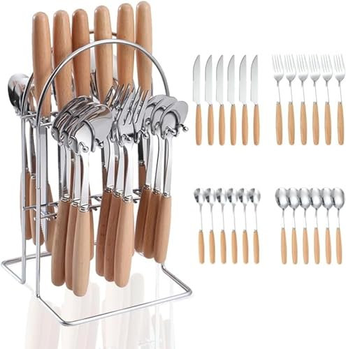 Cutlery Set for 6 People, 24 Pieces Knife and Fork Sets with Thickened Wooden Handle, Stainless Steel Tableware Set for Home Restaurant, Dishwasher Safe (Primary Color)