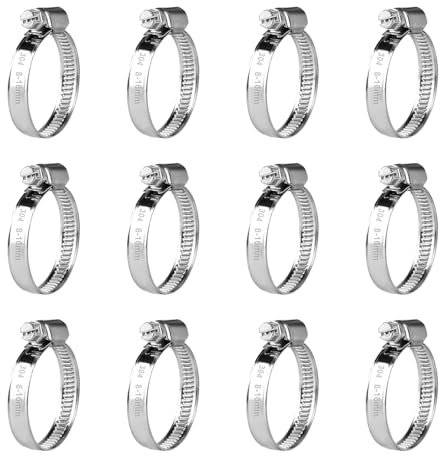 12 Pz Fascette Stringitubo Inox, Fascette Metalliche, Fascette Stringitubo in Acciaio Inox Regolabile 8-16 mm, Fascetta Metallica con Vite, Collare Stringitubo a Bullone per Tubo Acqua Auto Piscina