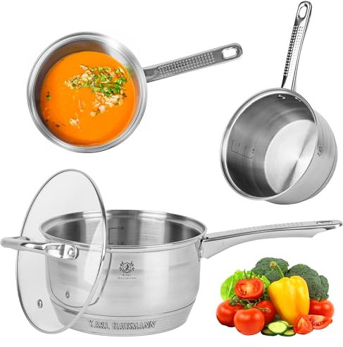 KARL HAUSMANN Casserole en Inox Induction - 2.6L - 19 cm - Sauteuse inoxydable 18/0 - Casserole avec Couvercle en Verre - Marmite Inox - fait tout induction - Faitouts Avec Échelle de Mesure - Coccote