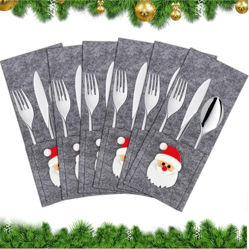 Tcnzdy 6 Stück Bestecktasche Weihnachten, Weihnachtsmann Weihnachten Tischdeko Filz, Weihnachten Tischdeko Weihnachts Besteck Dekoration für Weihnachten Party