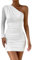 Zesoyne Mini Bodycon Dress for Women with One Sleeve Sexy Ruched Short Party Dresses Clubwear Night Out S White