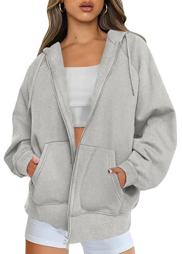 Jhsnjnr Womens Zip Up Hoodie Oversized Hooded Fleece Jackets with Pockets Casual Long Sleeve Sweatshirt Grey