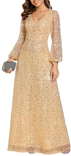 Ever-Pretty Women's Sequin A-Line V Neck Long Sheer Sleeves Tulle Evening Prom Dresses 01999