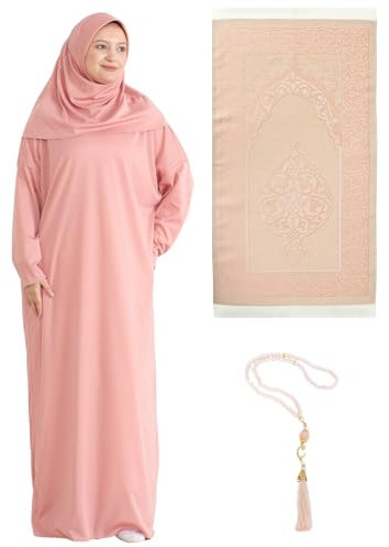 Prien Robe Longue De Priere Pour Femme Avec Tapis De Hijab, Vetement Pour Femmes, Abaya Islamique, Robe Musulman (Rose, Taille Unique)