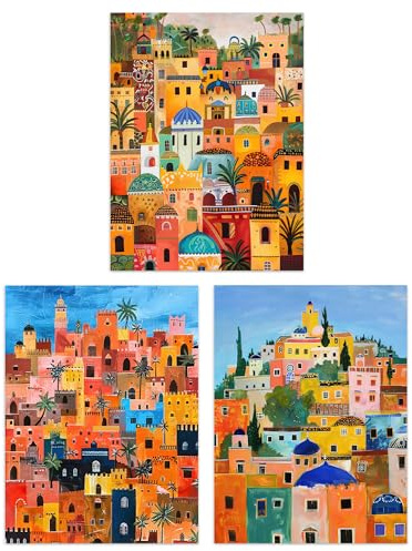 Artery8 Set of 3 Colourful Moroccan Cityscape Paintings Living Room A4 Size Wall Art Prints Pack