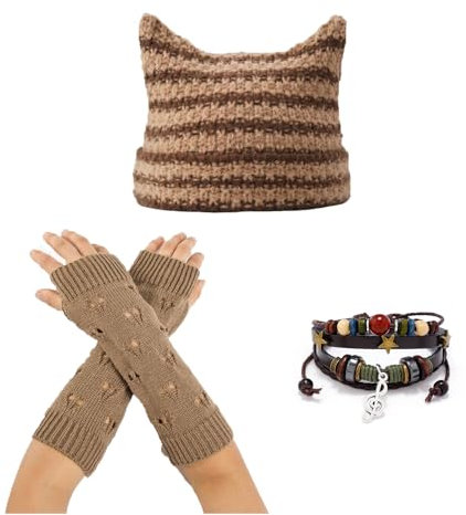 Therian Gear Y2K Emo Grunge Zubehör Katze Beanie Grunge Handschuhe Fairycore Armbänder, Braun, 6