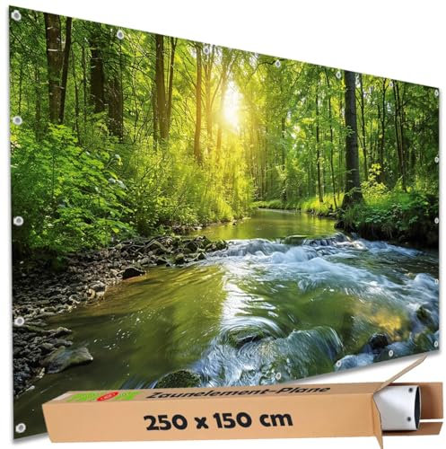 TRIOSK Sichtschutz Garten Deko Zaun Plane Blickdicht groß mit Zaunblende Motiv Waldfluss Wald Sonnenlicht für Balkon Terrasse Zaunelement Doppelstabmatten Gartenzaun PVC 250x150 cm