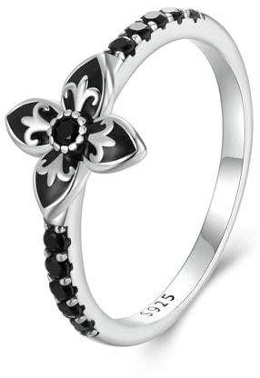 Kerraom Damen Ring Schwarz Sterling Silber 925 Schwarzer Zirkonia Ringe Gothic Punk Kreuz Blumen Stapelring Geschenk für Frauen Freundin Tochter Sterlingsilber Schmuck