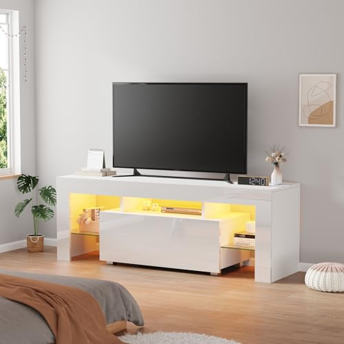 Menaka Led TV Stand Cabinet for 55-65inch TV with Drawer and Shelves, 130cm TV Unit Entertainment Media Center Console Cabinet Wood High Glossing for Living Room Bedroom (White High Glossing)
