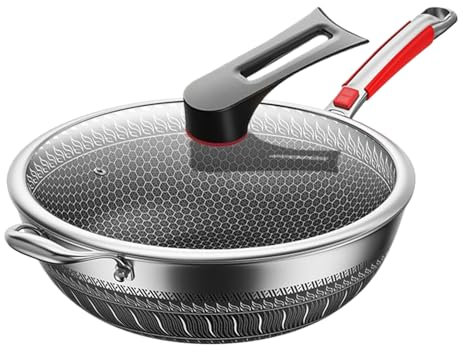 Davivian 32cm Frying Pan with Lid, 316 Stainless Steel Chinese Non Stick Wok Pan with Handle, Big Belly Iron Pot for Induction Hob and Stove, Cast Iron Wok for Restaurant, Kitchen, Home