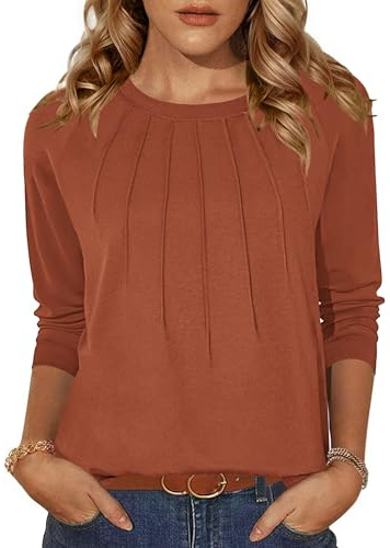 Zeagoo Womens Tops Long Sleeve T Shirts Casual Crew Neck Pleated Tunic Tops | Solid Color Shirts | Fall Lightweight Tshirts | Basic Tunic Tops | Elegant Loose T Shirt | Winter Fashion | S-XXL