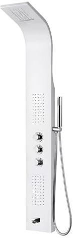 Erfu Duschpaneel 1600 x 200 x 65 mm – Thermostat, Wasserfall, Regendusche, Massagedüsen, Handbrause – modernes Design Edelstahl (weiß)
