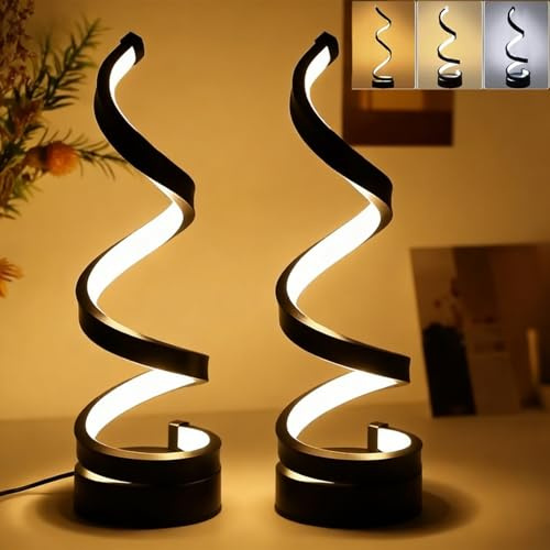 LED Tischlampe Spiral Design 2er Set, für Schlafzimmer, Büro, Wohnzimmer | USB Betriebene Moderne LED Tischlampe Dimmbar, Schreibtischlampe in 3 Farben, Schwarz