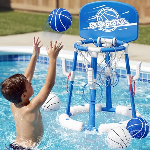 HYES Canestro da Basket per Piscina, Canestro Piscina Galleggiante con 4 Palline e Pompa, 8 Anelli, Set da Canestro Basket Giochi Acqua Piscina per Bambini e Adulti, Blu