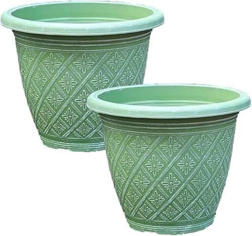 Fyne-Finds Set of 2 Round 40cm, 16inch Garden Plastic Plant Pot Weatherproof Woven Flower Outdoor Drainage Hole Decor Planter (Green)