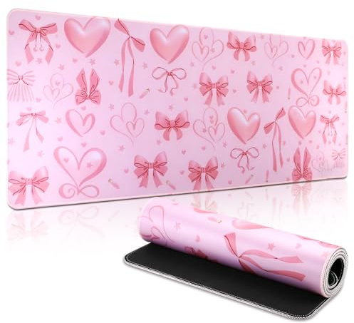 Yimomoyi Mousepad, Mauspad XXL, 800 x 300mm Gaming Mauspad, Tappetino Scrivania con Base in Gomma Antiscivolo, Mouse Mat con Bordi Cuciti per Computer, PC, Laptop, Fiocco rosa