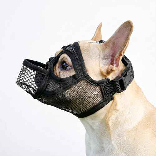 Französische Bulldogge Maulkorb, Hundemaulkorb mit Kurzer Schnauze Maske, Atmungsaktiver Maulkorb aus Netzgewebe für Hunde mit abgeflachter (M, Schwarz)