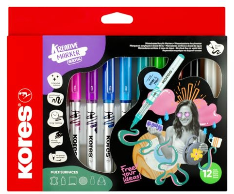 Kores Kreative Acrylstifte mit Flüssigtinte, Blisterverpackung, Pinselspitze, hohe Deckkraft und lebendige Farben, sofortiger Tintenfluss, 12 Stück