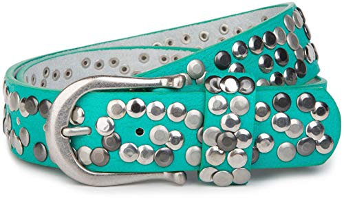 styleBREAKER Damen Nietengürtel mit unterschiedlichen Nieten, Kunstleder Gürtel Einfarbig, Damengürtel kürzbar 03010008, Farbe:Türkis, Größe:90cm