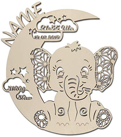 Nachtlicht Elefant auf dem Mond aus Holz für Kinder | Personalisierte Geschenk-Idee zur Geburt oder Taufe | Schlummerlicht in verschiedenen Farben und LED/RGB-Optionen