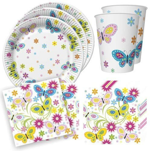 36-teiliges Tischdeko-Set Blüten und Schmetterlinge für Kinder und Erwachsene - 8 Teller, 8 Becher, 20 Servietten 33x33cm