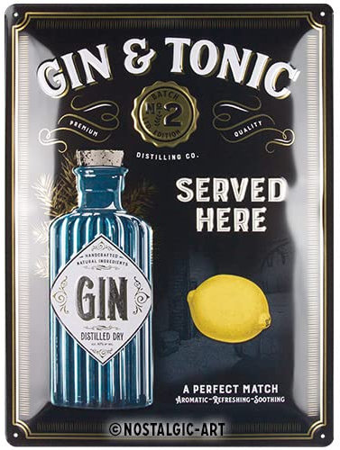 Nostalgic-Art Gin & Tonic Served Here - Special Edition Blechschild, Metall, Gold, Schwarz, 30x40 cm