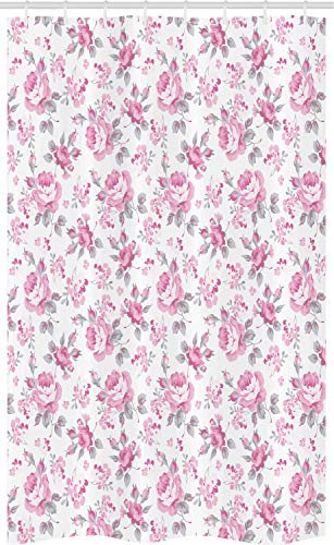 ABAKUHAUS Shabby Flora Tenda da Doccia Stalla, Rosa Roses Primavera, Set per Il Bagno in Tessuto con Ganci, 120 cm x 180 cm, Pallido Rosa Bianco Grigio