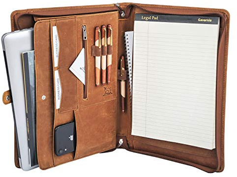 Gavarnie Genuine Leather Business Portfolio Padfolio Folder with Zipper for Men, Men's Leather Padfolio Folder for 13 Laptop, Business Portfolio for Letter Size Notepad, Graduation Gift,Brown