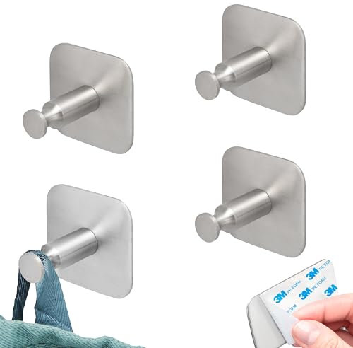 bremermann Bad-Serie PIAZZA TAPE- Handtuchhaken 4er Set ohne Bohren, mit Klebepad - selbstklebend, Wandhaken für Handtücher und Bademantel, für Bad und Küche, aus Edelstahl matt