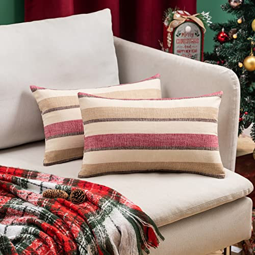 MIULEE Streifen Kissenbezüge Kissenhülle Leinenoptik Sofakissen Dekorative Kissenbezug Dekokissen Deko Couchkissen Bezug für Sofa Couch Schlafzimmer Wohnzimmer 2er Set 30x50 cm Rotwein