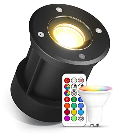 lambado® LED Bodenstrahler für Außen mit RGB Farbwechsel dimmbar inkl. Fernbedienung - Schwarz runde Bodenleuchte/Bodeneinbaustrahler IP67 - Befahrbar & Wasserdicht