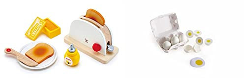 Hape Pop-up-Toaster-Set| Küchen-Fantasiespiel mit Frühstückszubehör für Kinder Eierkarton 3 Spiegeleier, Realistisches Lernspielzeug für Kinder ab DREI Jahren aus Holz