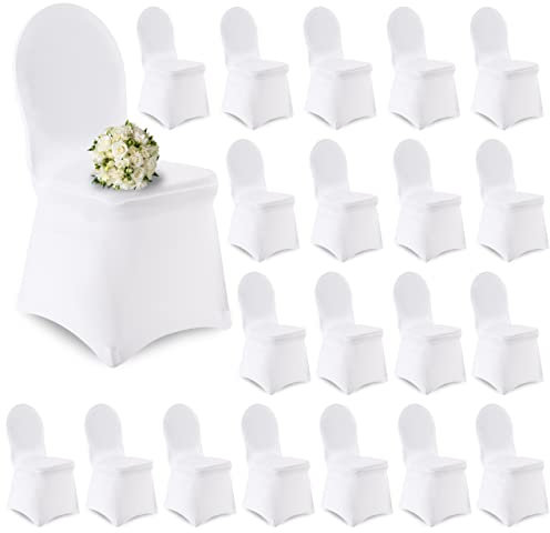 Raburg 20er-Set Stretch-Stuhl-Husse, runde Lehne, für viele Stühle & Anlässe, mit Schleife, Universal-Stuhlbezug/Stuhlabdeckung, Hochzeit Taufe Bankett Party Garten-Hochzeit, Cinderella, Weiß
