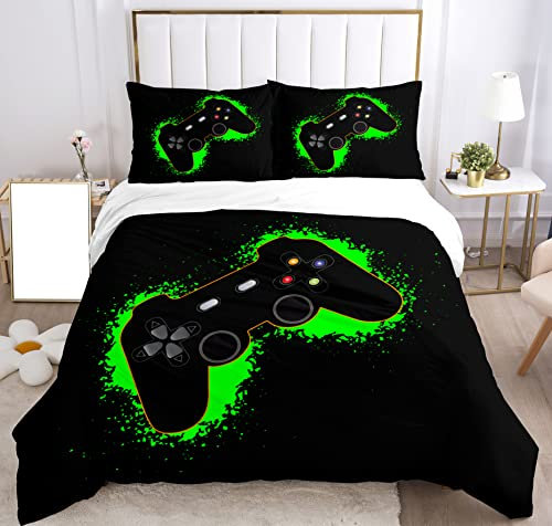 SHUAIG Bettwäsche-Sets Kinder Gamepad,Bettwäsche Set Jungen Gamepad Bettwäsche Satz Bettwäsche Set 3D Effekt Gamepad Druck Microfaser Bettbezug und Kissenbezug 50x75cm.(Grün,200x200cm)