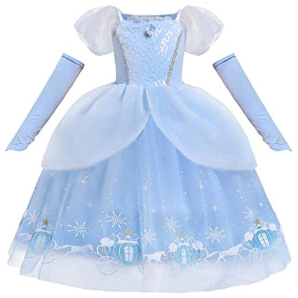 Lito Angels Prinzessin Cinderella Aschenputtel Kostüm Kleid Verkleidung mit Handschuhen für Mädchen Kinder, Größe 3-4 Jahre 104, Blau