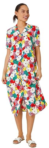 Dusk Fashion Women Bold Floral Shirt Dress - Ladies Bright Colourful Everyday Printed Short Sleeve Casual Button Down Collar Long Summer Dress - Multi - Size 6