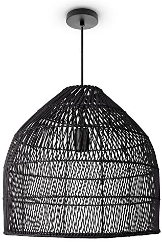 Paco Home Pendelleuchte Wohnzimmer Boho Korbleuchten Pendellampe Rattan Hängeleuchte Esszimmer Lampe Papier E27, Lampenart:Pendelleuchte - Typ 1, Farbe:Schwarz (Ø44 cm)