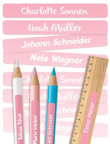 melu kids® Namensaufkleber Kinder für Schule & Kita (75 Stück, einfarbig) - Personalisierte Aufkleber mit Namen für Stifte und Schulsachen - Wasserfest in Spülmaschine - Rosa