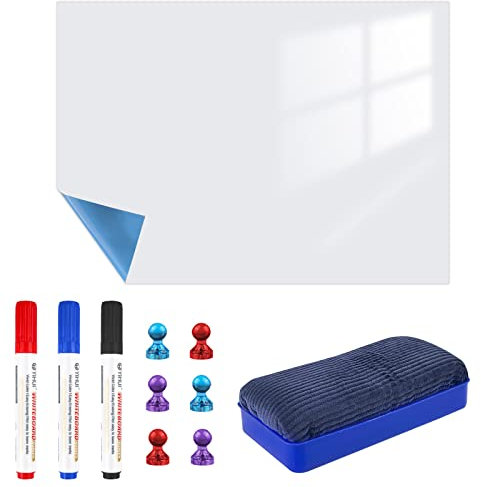 Relota Whiteboard Folie Selbstklebend 50 X 100Cm, Magnettafel Kühlschrank mit 4 Whiteboardstift, Schwamm, Abwischbare DIY Magnetisches Whiteboard, Magnetfolie Weiß für Büro Schule Zuhause Küche