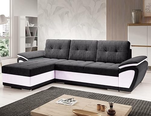 MODERNO Enzo Ecksofa mit Schlaffunktion Sofa Couch L-Form Schlafsofa mit Bettkasten Schlafcouch Wohnlandschaft Moderne Wohnzimmermöbel Eckcouch Steppsofa Schwarz Weiß