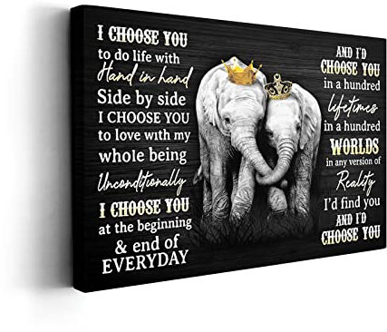 Kasluolo Schwarz-weißer Elefant Wandkunst inspirierende Zitate – I Choose You Poster Elefant König und Königin Krone Leinwand Gemälde für Badezimmer Schlafzimmer Büro Gerahmtes Kunstwerk 30,5 x 40,6