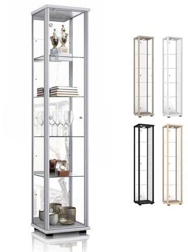 K-Möbel Sammlervitrine (176x37x33cm) - Made in Germany - Vitrinenschrank Silber/Alu mit 4 höhenverstellbaren Glasböden, Spiegel & Schloss - Glasvitrine Stehend - Display Cabinet