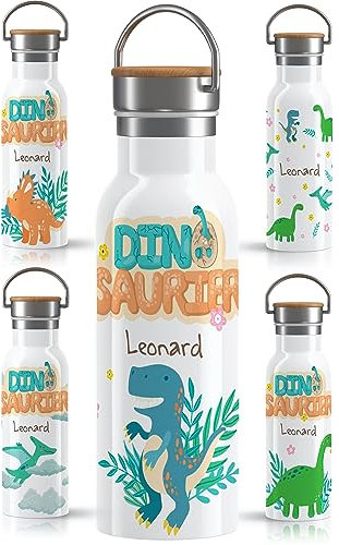 OWLBOOK Jurassic niedlich Trinkflasche personalisiert Kinder Dino - Edelstahl mit Bambusdeckel - Thermosflasche 600 ml - BPA frei Auslaufsicher - Kinder Trinkflasche mit Dinosaurier für Schule