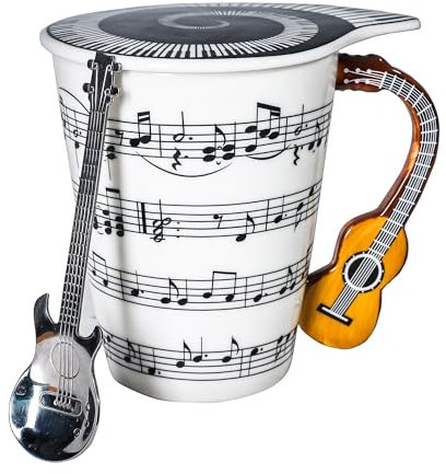 Guitar Novelty Mug Unique Musical Gift Coffee Cup with Cool Music Themed Lid & Guitar Handle Design & Guitar Spoon, Great Gifts for Music Teachers,&guitarLoversfor Holidays,Fathers Day,Men,Woman